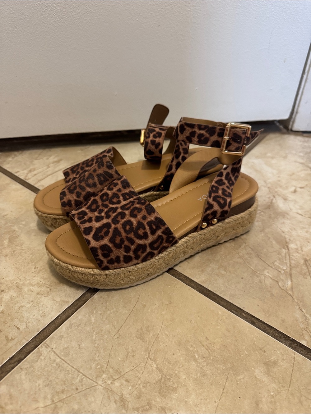 Leopard Print Espadrille Wedge Sandals - Brown